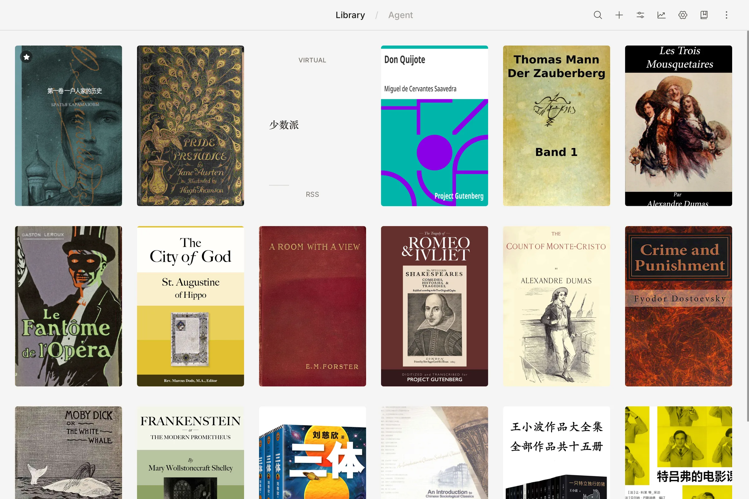 The ReadAware library — a grid of book covers across many languages and formats.
